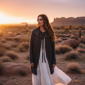 Anthropologie MOTH Gray Wool Ha'penny Cardigan Ruffled Cinched Tie Neck Medium